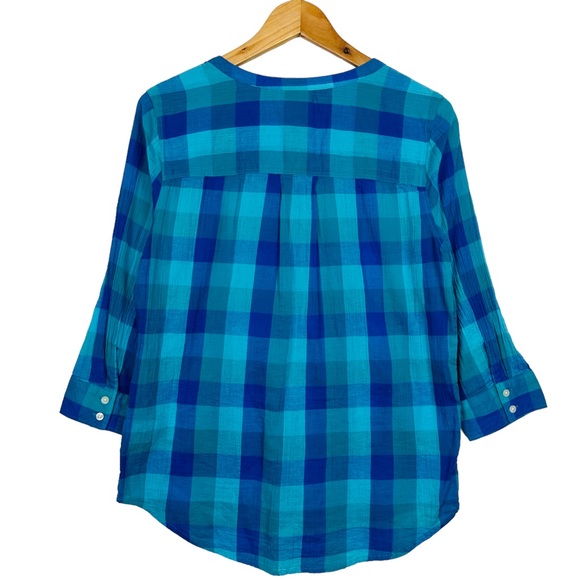 St. John Bay Gingham V Neck Slubbed Cotton Lightweight Button Up Pullover Blouse - Picture 2 of 7